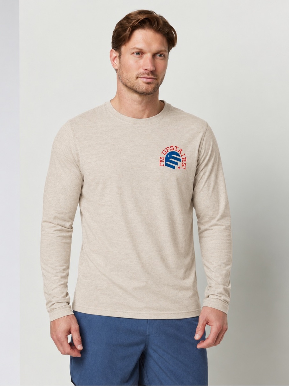 Theo Von Official I’m Upstairs Graphic Long Sleeve Shirt Beige Unisex W 2X /M XL